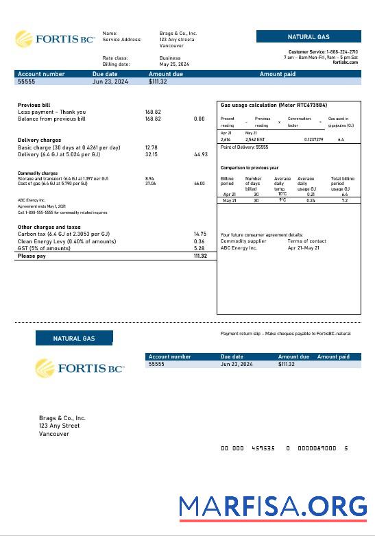 Realistic Canada British Columbia FortisBC business utility bill template (2)